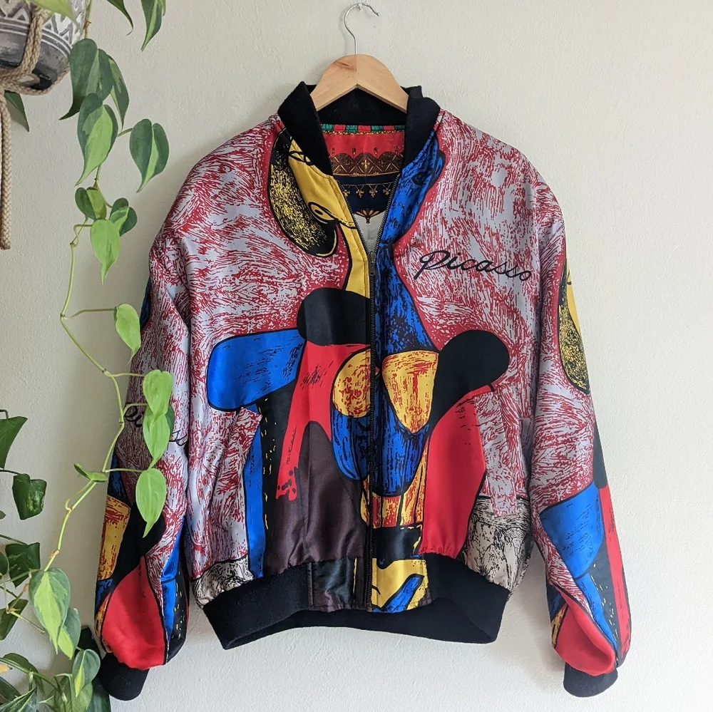 Picasso | Vintage | 90s Reversible Zip Front Satin Bomber Jacket Streetwear - Picture 2 of 13